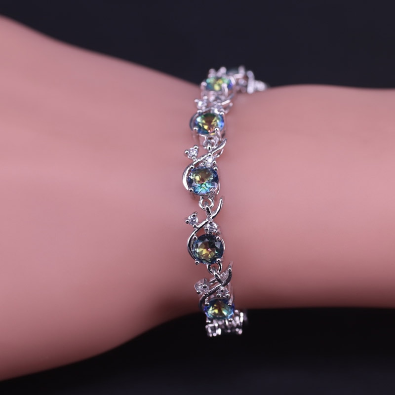 Zomer Stijl Regenboog Kubieke Zirkoon Zilveren Kleur Sieraden Set Voor Vrouwen Armband Ring Ketting Oorbel Set Snel !