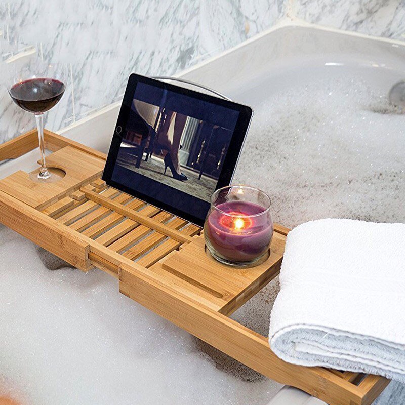 70-105cm Extendable Bamboo Bathtub Trays Bath Caddy Tray Home SPA Wooden Bathtub Tray Book Wine Tablet Holder Reading Rack