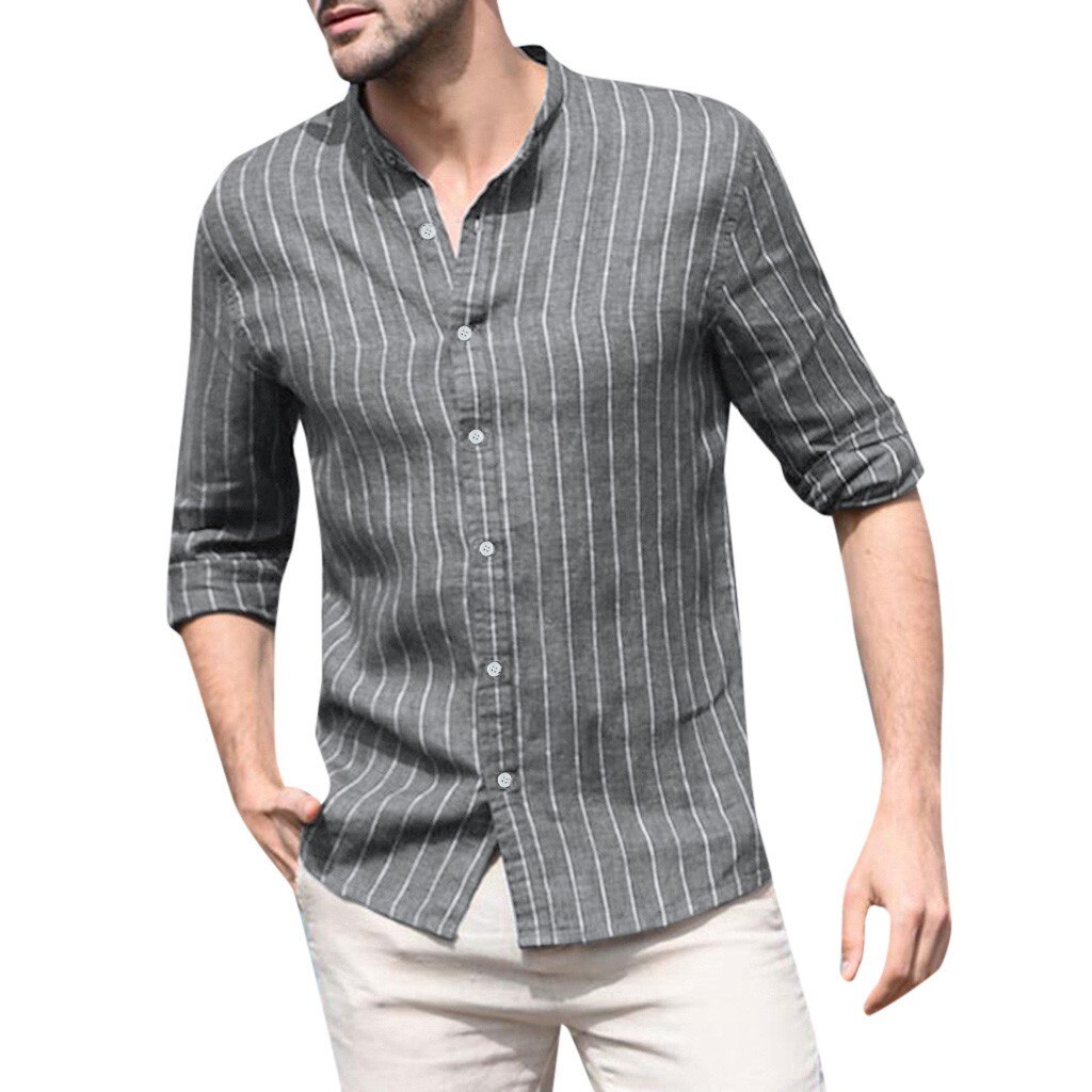 Men's Baggy Cotton Linen Striped Long Sleeve Button Retro Chemise Homme Manche Court Tops Blouse