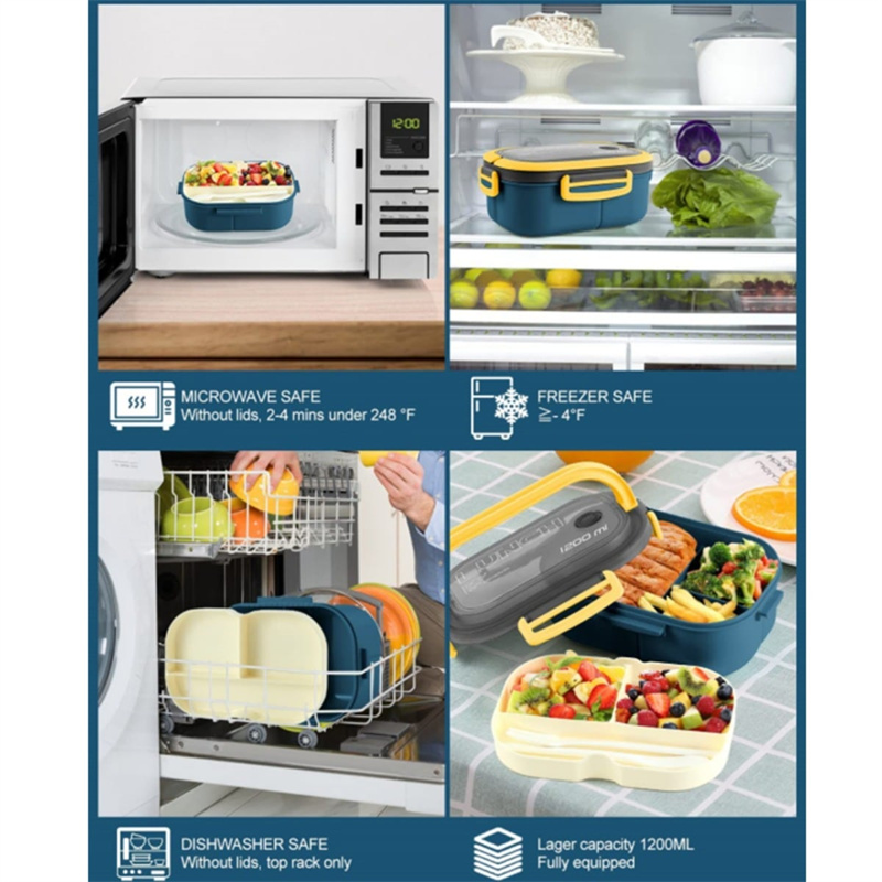Fiambrera Bento de 2 capas con cuchara y tenedor para niños, contenedores de comida de Microwae de alta capacidad, portátiles, a prueba de fugas, para oficina y Camping, 1200ML
