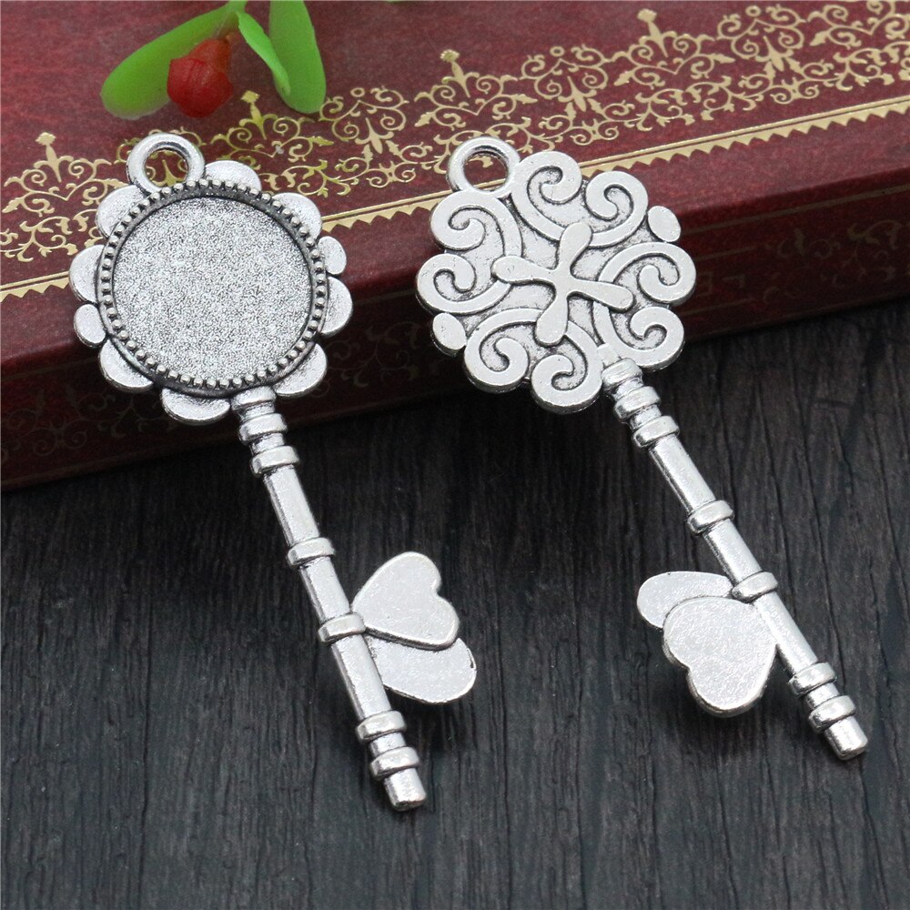 10 pces 14mm tamanho interno antigo bronze e prata chapeado chave estilo cabochão base de ajuste encantos pingente: Antique Silver