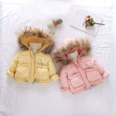 Baby vinter bomuldsfrakke til piger parker snøredragt børn ensfarvet tøj pels krave overtøj søde parker hætteklædte tøj