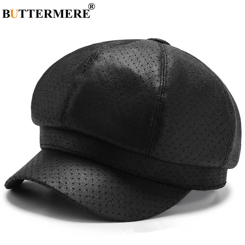Buttermere pu læderhatte til kvinder vintage sort ottekantet kasket efterår vinter baret damehat solid avis