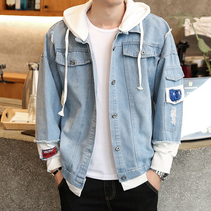 Spring Autumn Hip Hop Street Ripped Jeans Jackets Man Streetwear Distressed Denim Outerwear Tops Holes Light Blue Button Down