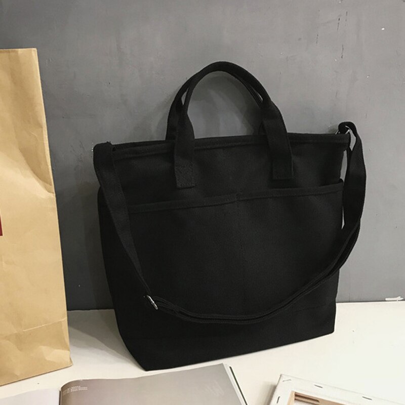 Damväska shoppingväska stor kapacitet axelväska tyg tyg böcker handväska stor tote för flickor svart