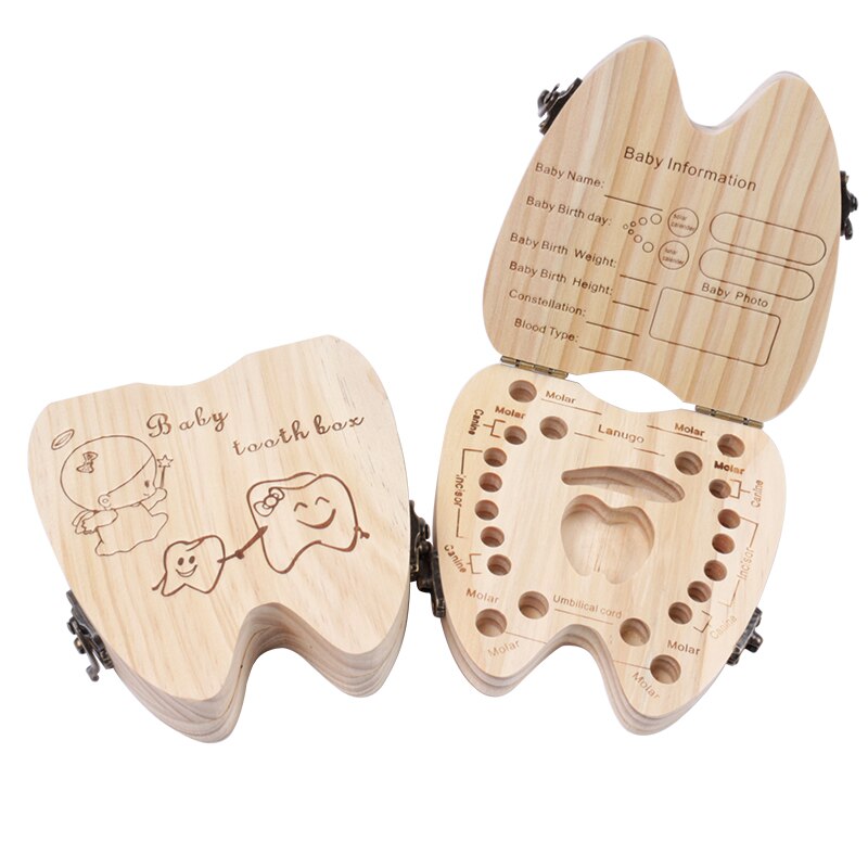 Træ engelsk babytandboks arrangør mælketænder opbevaring samle tænder navle gem arrangør opbevaring drenge piger souvenir
