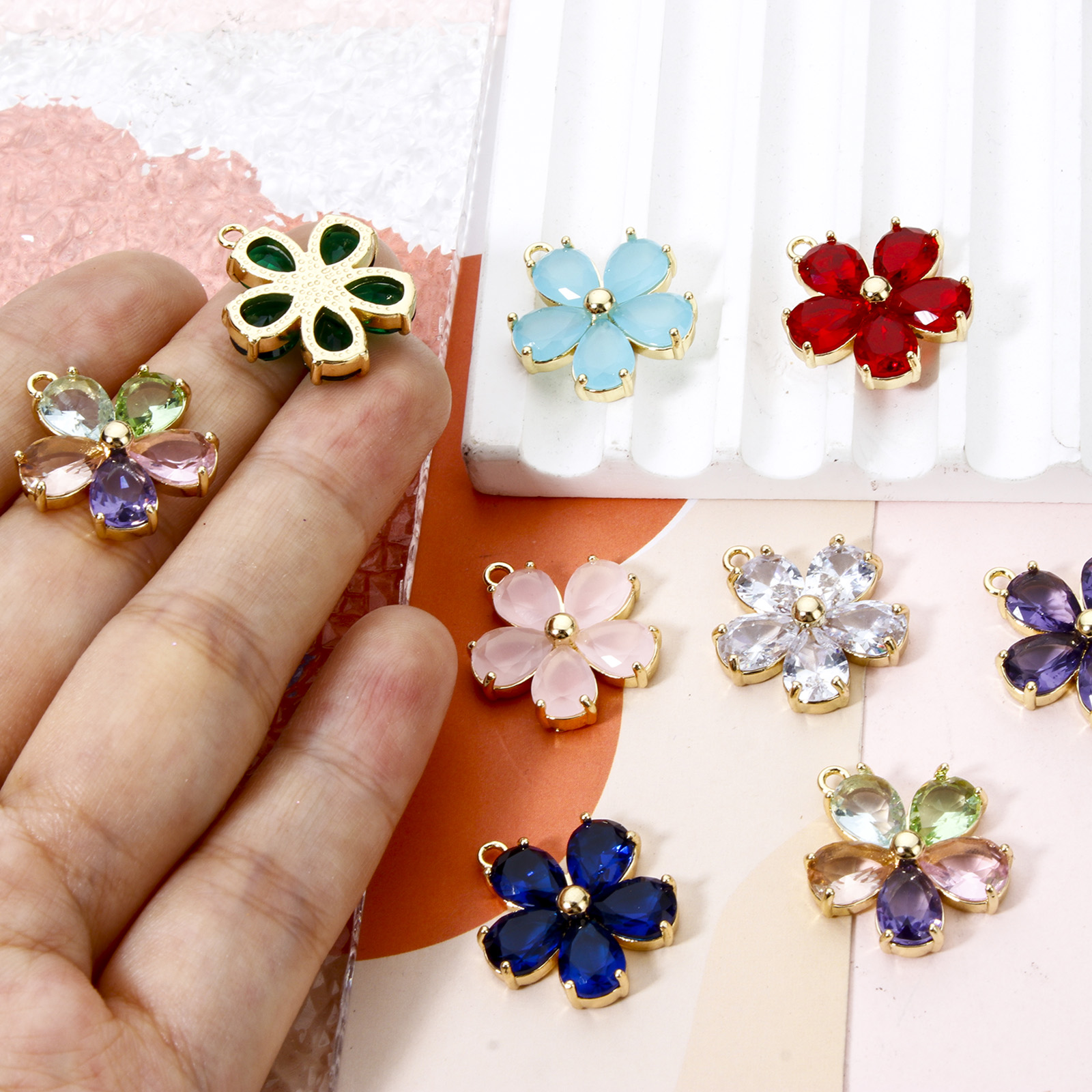 Breloques en laiton pour femme, fleur de document en or, pendentif en verre multicolore, collier à faire soi-même, boucles d'oreilles, résultats de bijoux, 21mm x 18.5mm, 1PC,