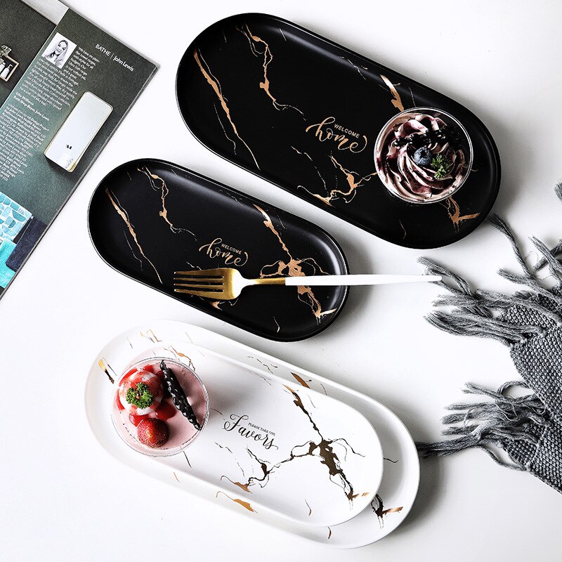 Plato ovalado largo para postres, aperitivos y pasteles, pastelería, plato de comida occidental, plato de cerámica de mármol nórdico para desayuno, accesorios Ableware
