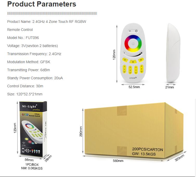 Mi light berøringsskærm 2.4 ghz 4 zone touch rf rgbw fjernbetjening fut 096 til mi-light rgbw rgbww pære led fjernbetjening