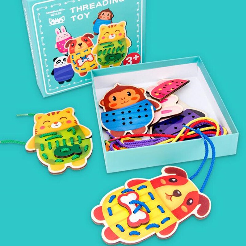 5 stk / parti reb legetøj dyre snørebånd børn pædagogiske perler legetøj 1-3-6 år gamle træ gåder legetøj