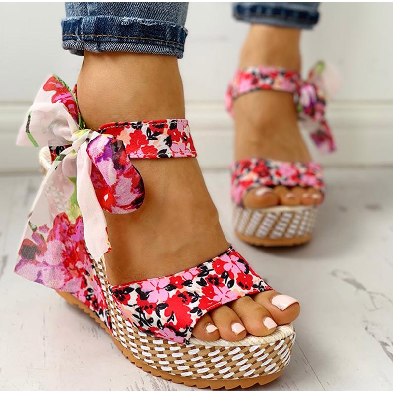 nouvelle plage d'été Boho sandales à talons compensés à fleurs femmes bride à la cheville plate-forme gladiateur chaussures femme talons hauts Sandalias Mujer