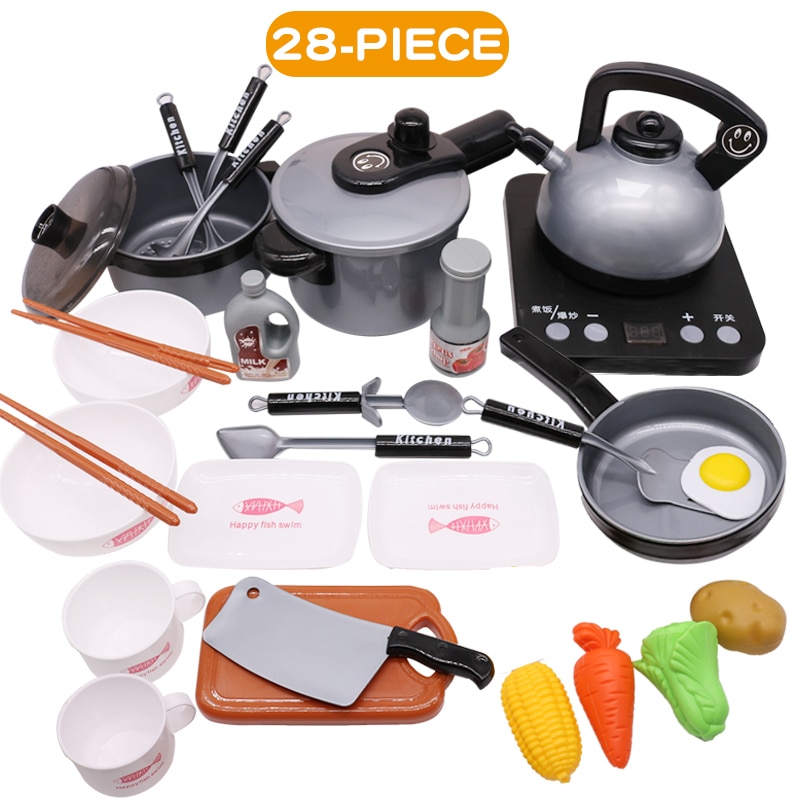 Children Pretend Play Kitchen Tools Simulation Induction Cooker Pot Food Utensils Toys Fruit Vegetable Food Cutting Toy: 28pcs-Sliver