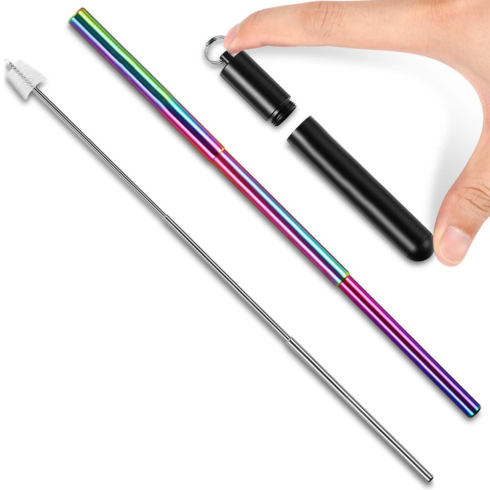 Reusable Stainless Steel Straws with Aluminium Keychain Case Cleaning Brush Collapsible Telescopic Portable Drinking Straws