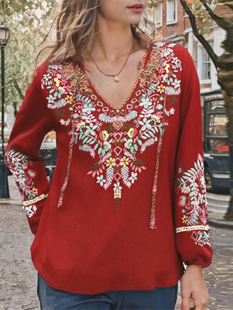 Zanzea lente blouse met bloemenprint, bohemian shirts, casual damesblouses met lange mouwen, v-hals tops met vetersluiting, tuniek: Xl / Rood