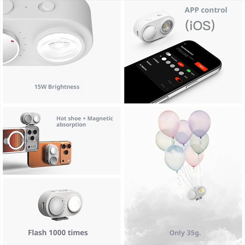 Flash portátil fotogear para fotografia móvel, uso externo, disparo sem fio via bluetooth, 15w níveis de brilho.