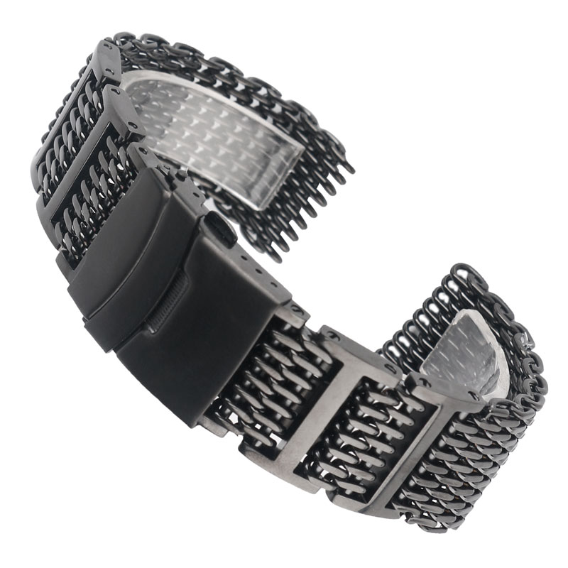 HQ 20mm 22mm 24mm Mens Stainless Steel Watch Band Shark Mesh Wrist Strap Luxury Bracelet Replacement Black Push Button