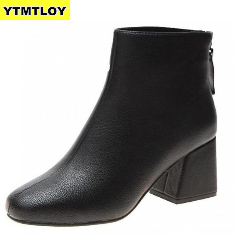 neue Leder Stiefeletten Frauen Dicke hoch Fersen Reißverschluss Spitz Herbst Winter Frau Schuhe Platz Ferse Weiß schwarz