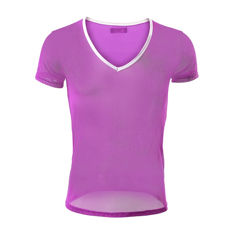 Maillot de corps en maille Transparent pour homme, sous-vêtements Sexy, respirant, col en v, manches courtes, Transparent: Purple (only tops) / M