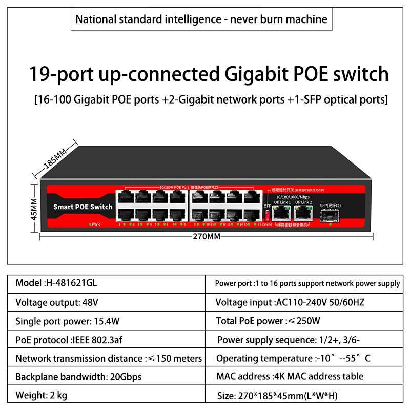 Série POE Switch gigabit ethernet 4/6/8/16/24 portas, POE ativo para câmeras IP, switch AP sem fio, Gigabit IEEE 802.3 AF/AT