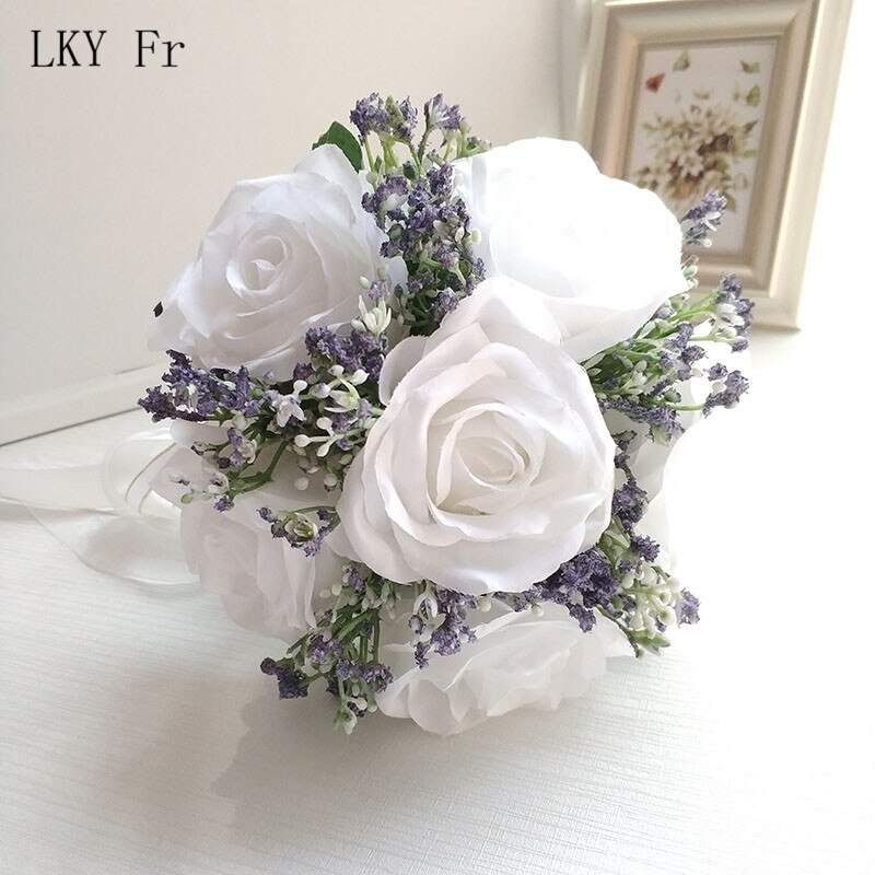 Lky fr bryllupsbukett brudepike brudebukett kunstige roser hvit silke blomster jente bukett bryllupstilbehør hjemmeinnredning