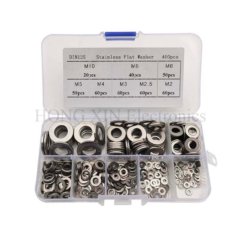400Pcs/box 304 Stainless Steel Flat Washer Assortment Set M2/2.5/3/4/5/6/8/10 Metal Lock Washer Abrasion Resistance
