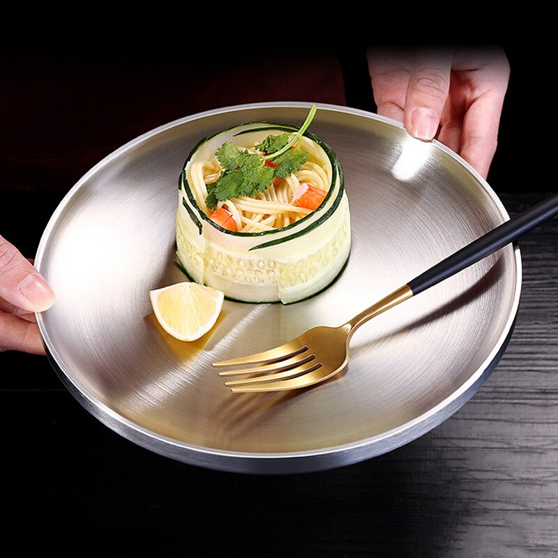 Kitchen Stainless Steel Western Steak Plate Household Dinner Salad Cake Dessert Round Plates Dishes Tableware Dish Disc Trays