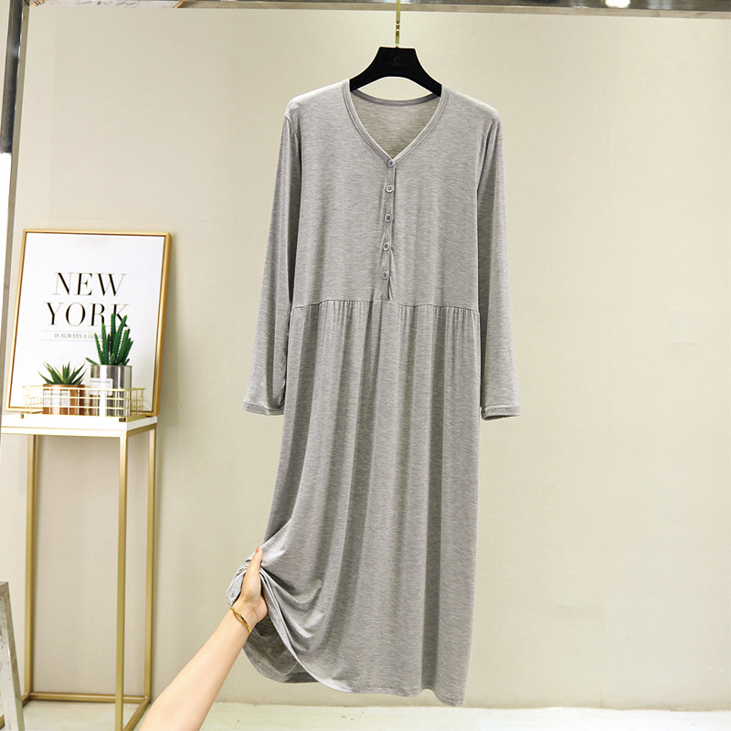 Large early autumn long sleeve button modal cotton loose home dress: Gray