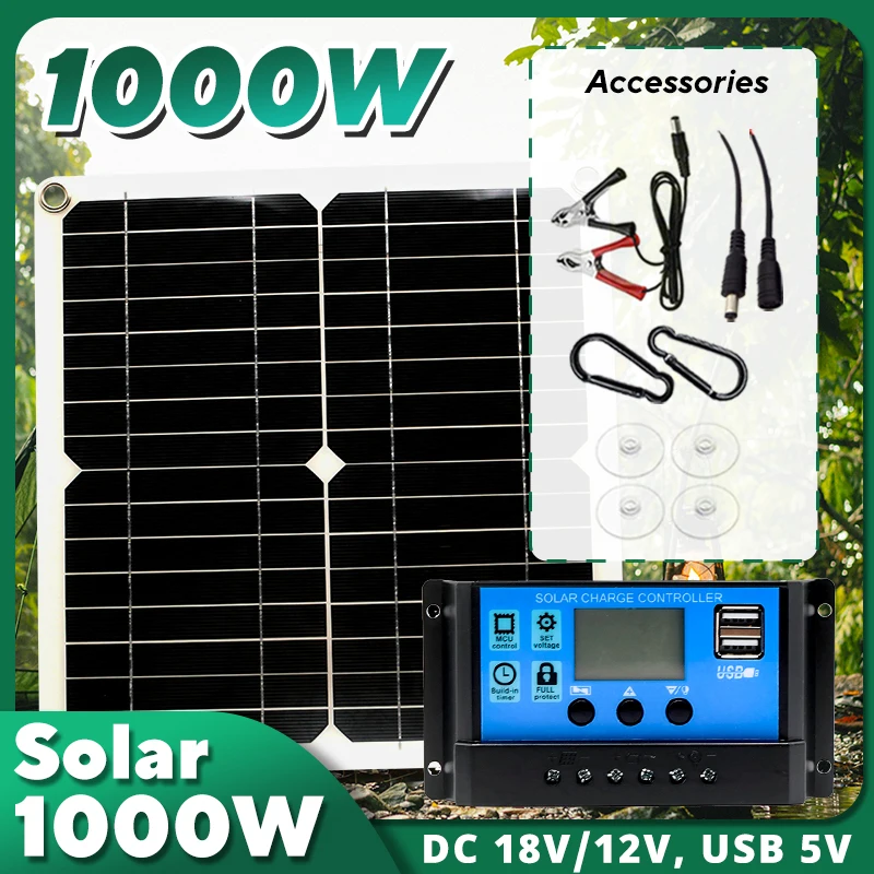 1000W Zonnepaneel 12V Zonnecel 10a-100a Controller Solar Plate Kit Voor Telefoon Rv Auto Caravan Home Camping Outdoor Batterij