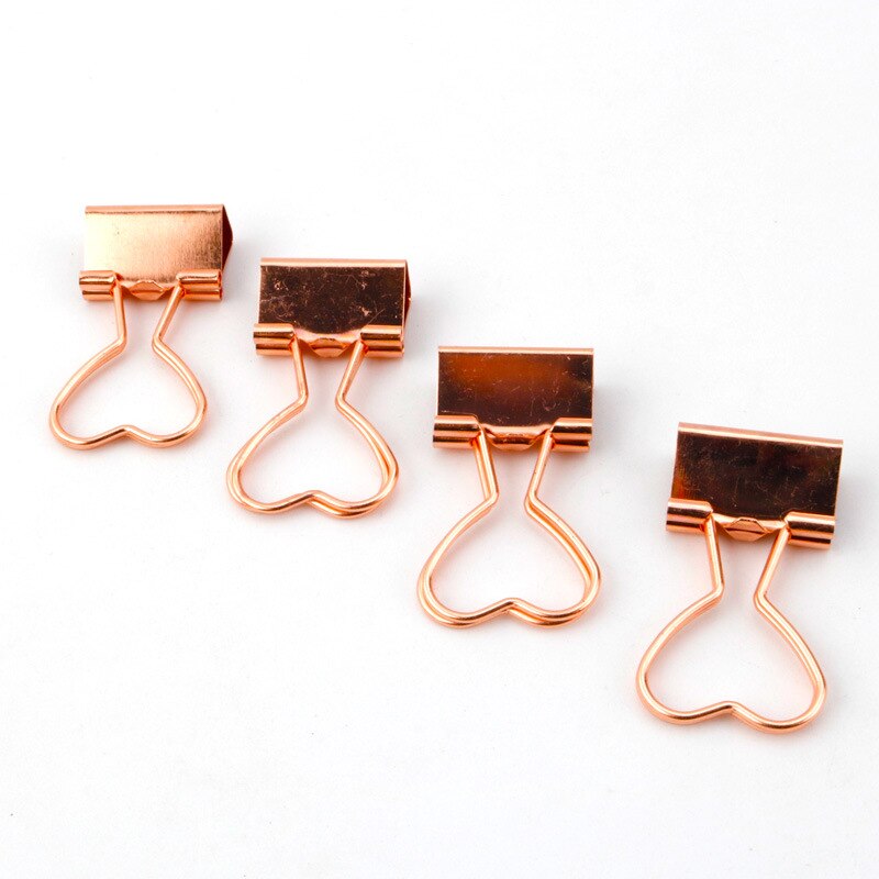 10pcs Cute Binder Clips Cat Hollow Out Cactus Penguin Shape Metal Binder Clamp Bookmark Kawaii Stationery School Office Supplies: Rose gold love heart