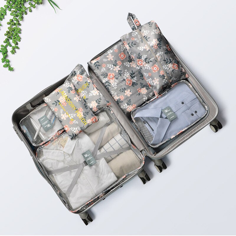 7 pçs/set organizador de viagem roupas kit acabamento partição portátil bolsa saco cosméticos sacos armazenamento acessórios viagem para casa: Light gray flower