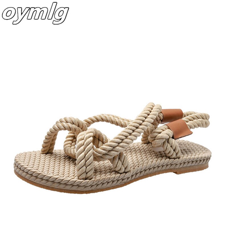 Dam sandaler hampa rep lägenheter kvinnliga slip on beach skor andas bekväm kors slips damsko