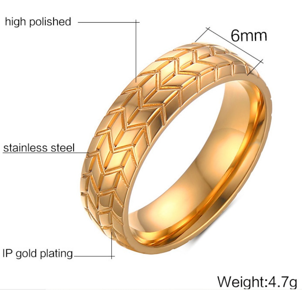 6MM Stainless Steel Tire Ring Gold Color European and American Style jewelry Personality Men's Ring