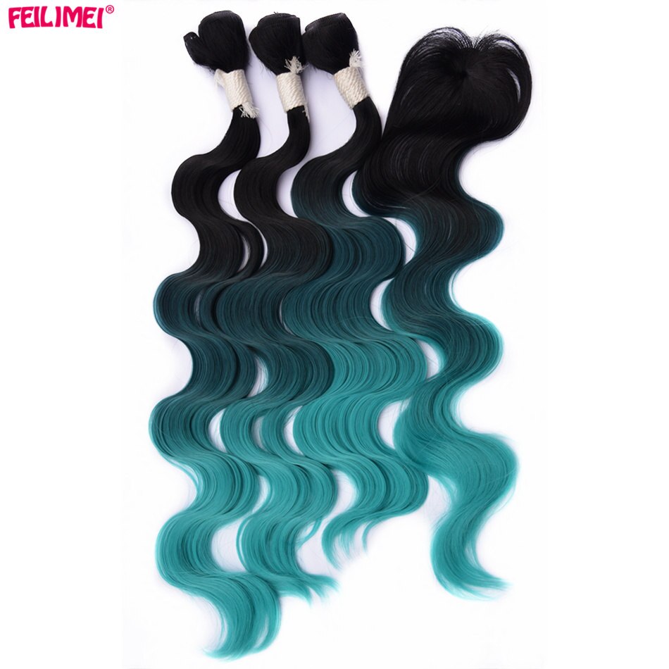 Feilimei-mechones de pelo sintético, tejido de fibra de alta temperatura, 3 tonos, Rubio degradado, gris, azul, Morado, 18 pulgadas, 20 pulgadas, 22 pulgadas: Verde