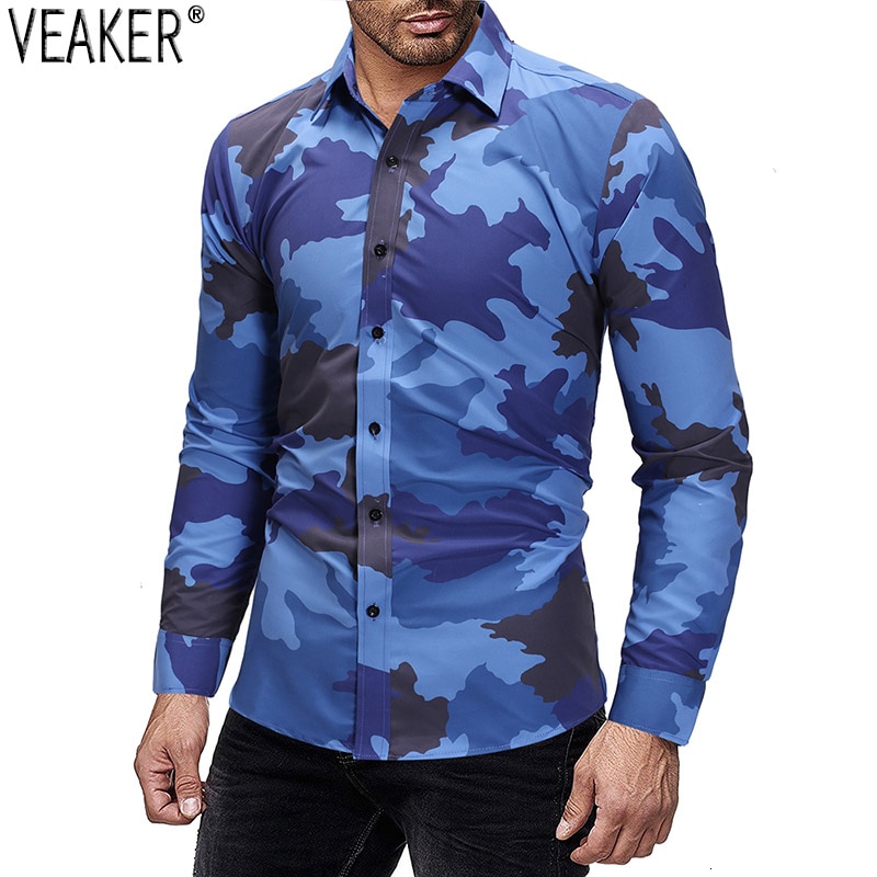 Efterår herre camouflage skjorter herre slim fit casual skjorte toppe mænd camo langærmet skjorte m -3xl