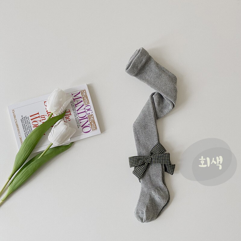 Meia-calça infantil de algodão, calça legging branca de outono com dupla agulha xadrez e laço para meninas: 5 Gray / S(0-1T)