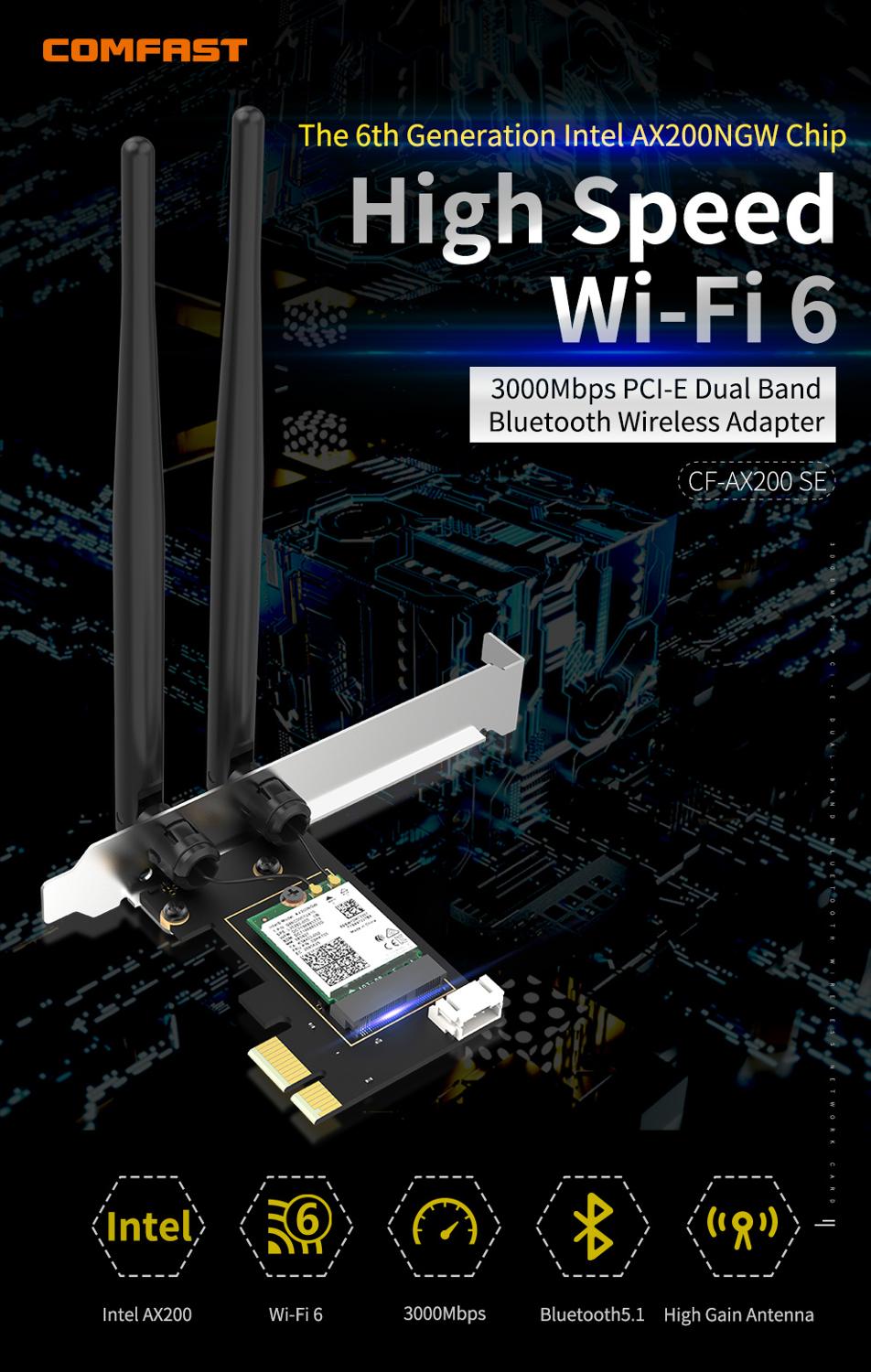 3000Mbps WiFi 6 PCI-E Network Card 802.11ax/ac Dual band 2.4G/5GHz Wireless Intel AX 200 PCI Express WiFi Bluetooth5.1 Adapter