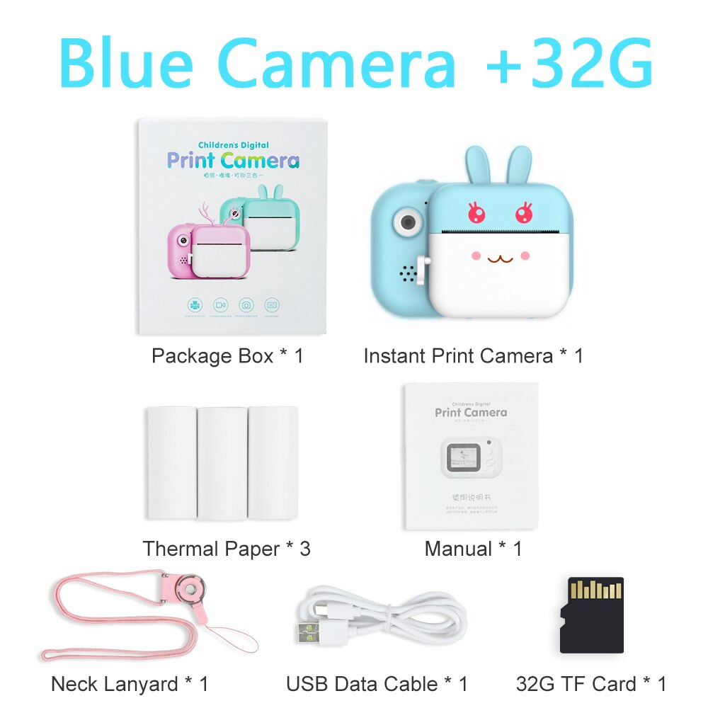 Cheap cute mini instant print photo camera small children camera kids birthday with games: Blue 32G