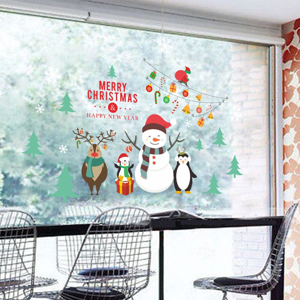 Merry Christmas Window Wall Stickers For Home Christmas Decoration Year Windows Snowman Glass Mural PVC Art Wallpaper