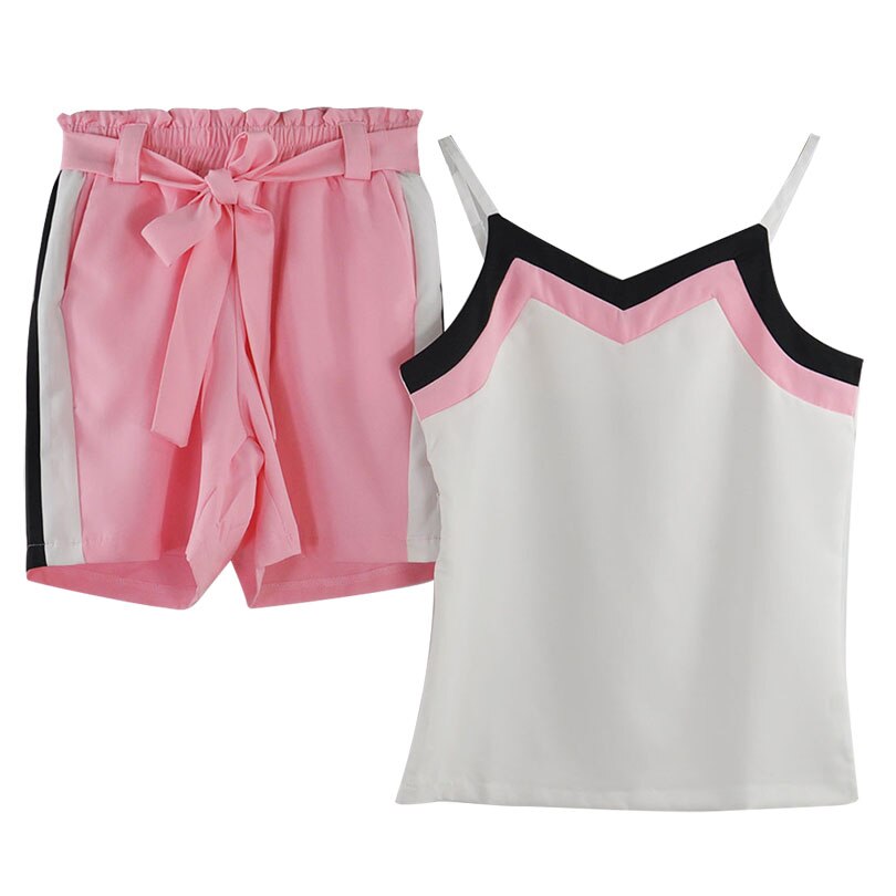 Taotrees Zomer Sling Tops Shorts Suits Vrouwen Mouwloos T-shirt + Kant Streep Korte Broek 2 Stuks Set Vrouwelijke: Pink / L