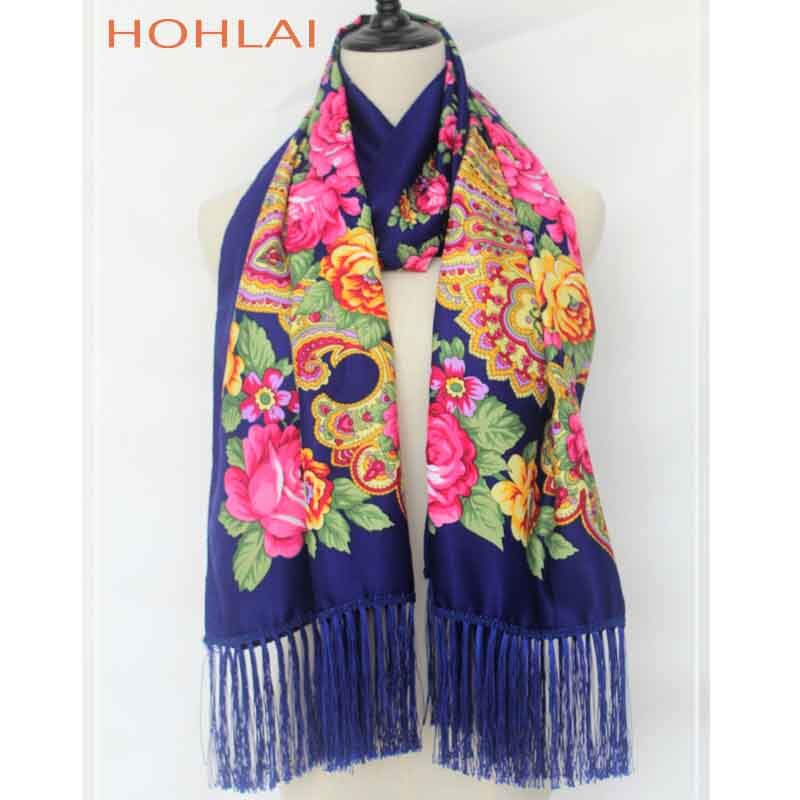 Foulard Long Femme à Franges - Imprimé Floral - Mélange Coton - Plus de 175cm: Bleu