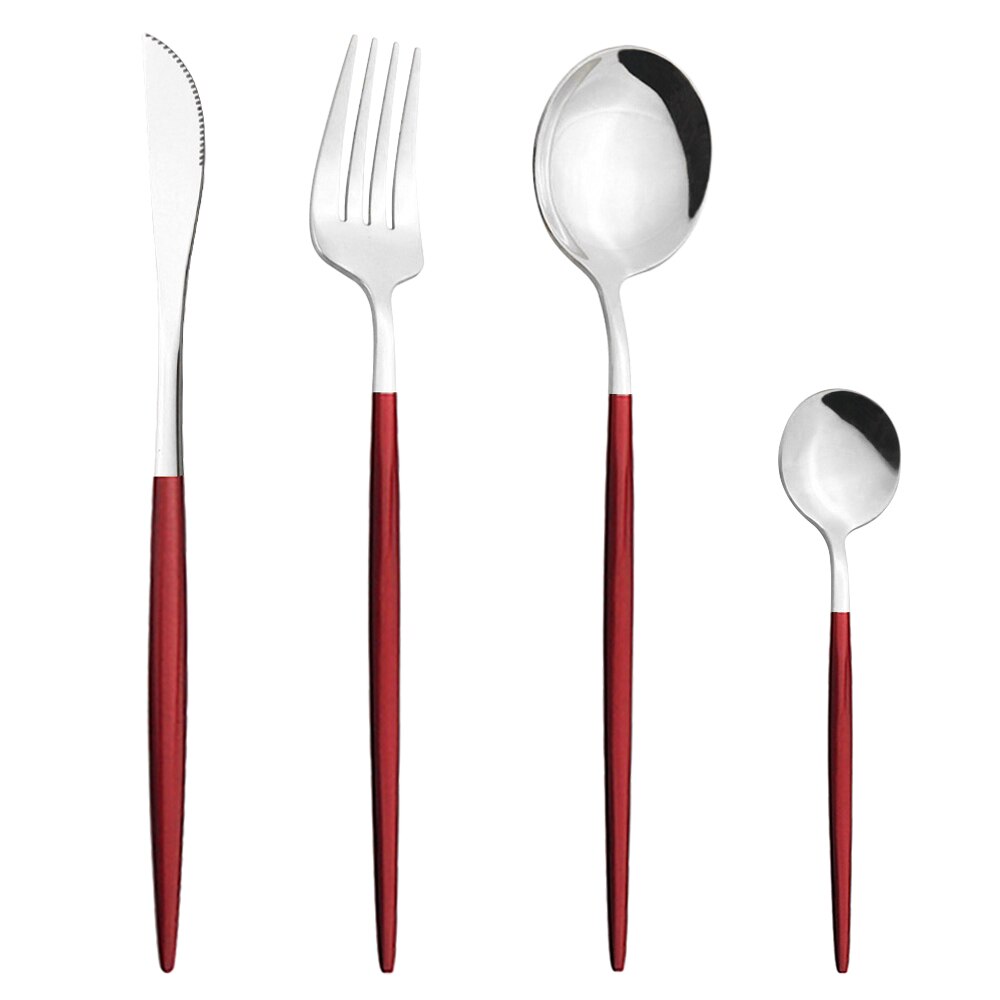 Schwarz Silber Besteck Set Abendessen Messer Dessert Gabel Löffel Stäbchen Geschirr Set Edelstahl Besteck Küche Geschirr: 4Pcs Red Silver