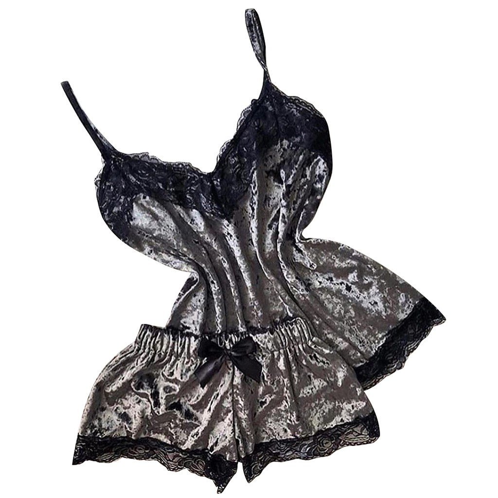 Sommarpyjamas kvinnor sammet rosett sovplagg ärmlös rem nattplagg spetskant cami topp pyjamas set femme sexiga underkläder: S / Grå