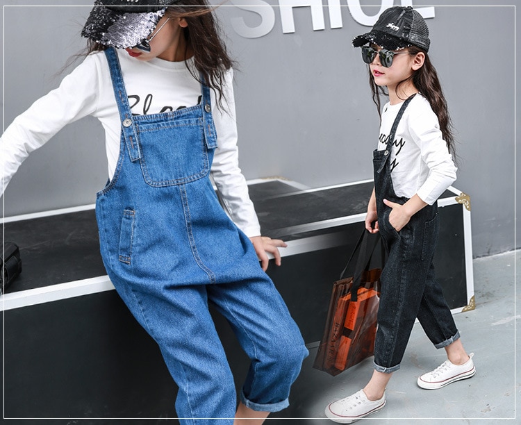 Piger denim jumpsuit overalls koreanske børnebukser casual harlan bukser til børn baby piger jeans 3 4 5 7 8 10 12 år