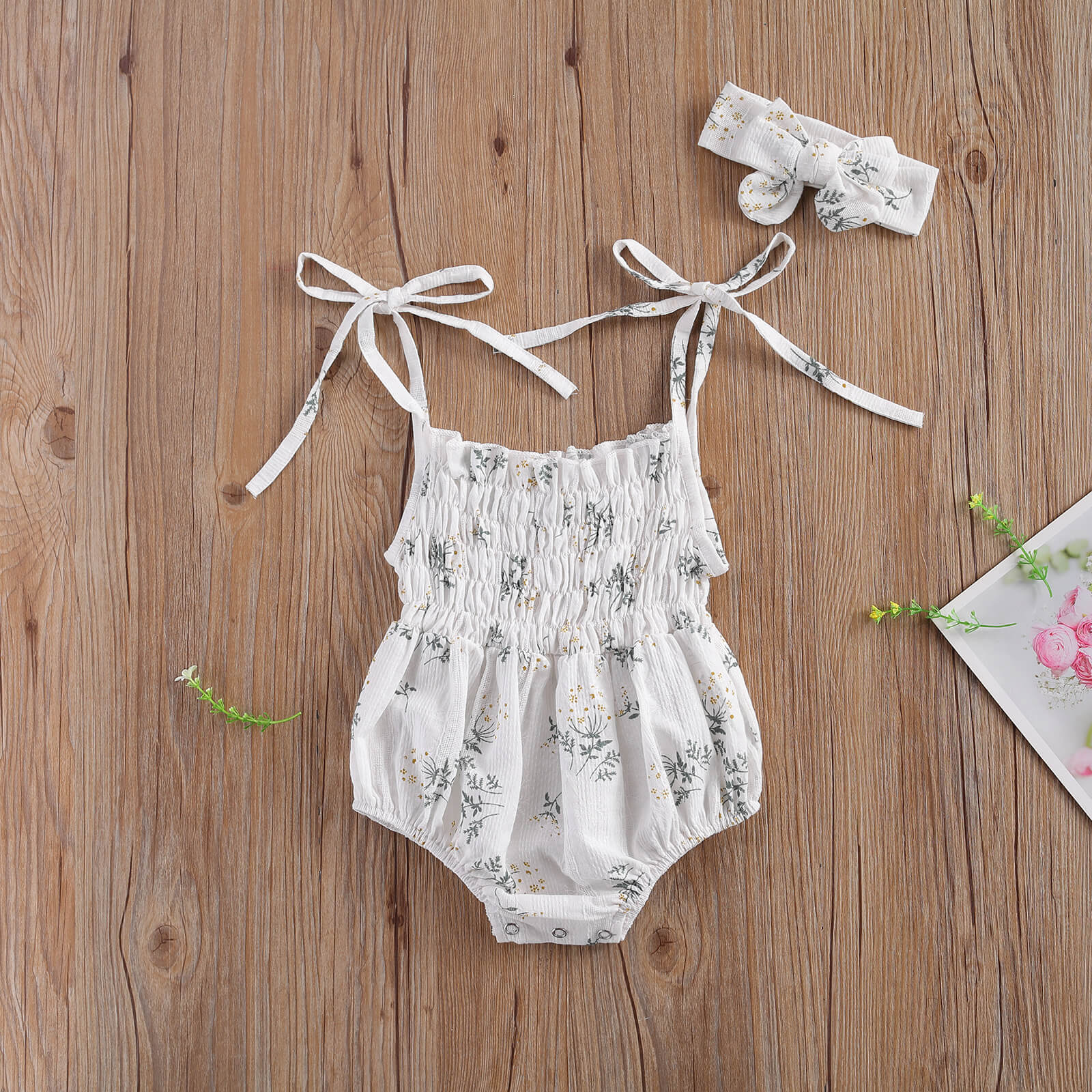 0-18M Leuke Baby Baby Girl Bloemen Romper Zomer Bandjes Bandage Bloemenprint Geplooide Playsuit + Hoofdband 2 Stuks Outfits