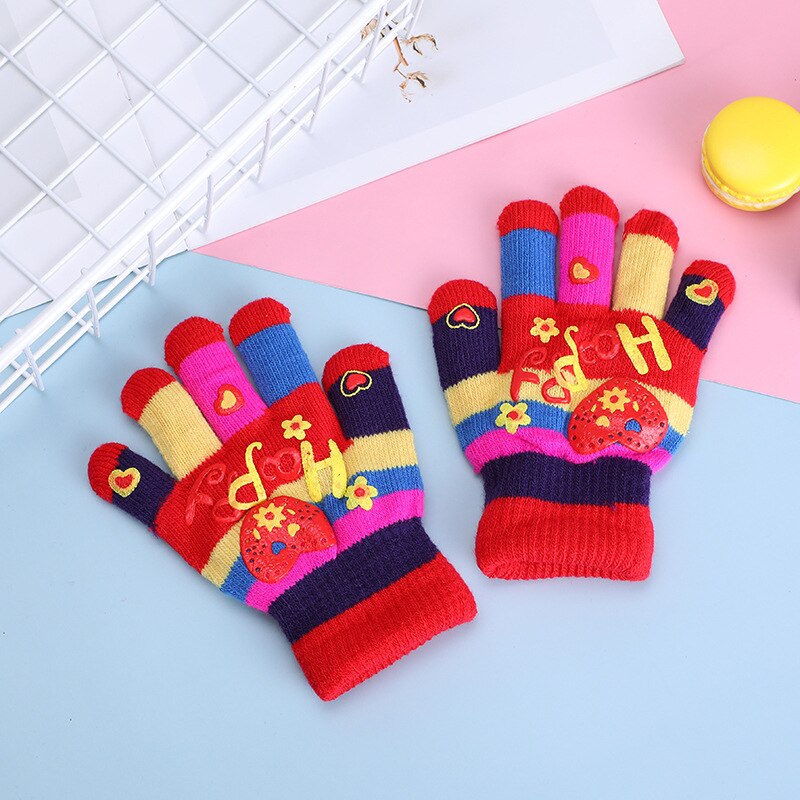Guantes para niños con estampado de corazones y estrellas, para bebés, coloridos, de invierno, tejidos, cálidos