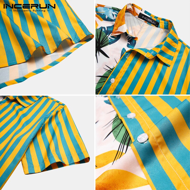 Mænd etnisk printede skjorter kortærmede revers patchwork skjorte afslappet løs blød camisas sommer hawaiian blusas plus str.