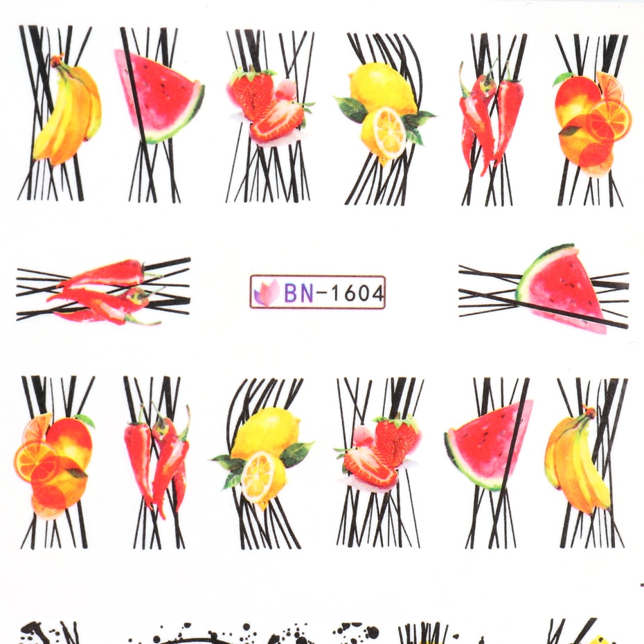 Sommer vand nail art klistermærker frugt med edderkoppe linjer transfer decals kiwi citron avocado manicure skyder bebn 1597-1608-1