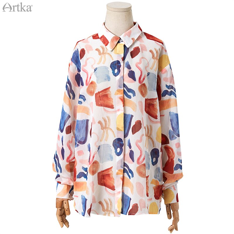 Artka kevät naisten pusero vintage print sifonki paita alaspäin kaulus löysä sifonki pusero naisten  sa20807c