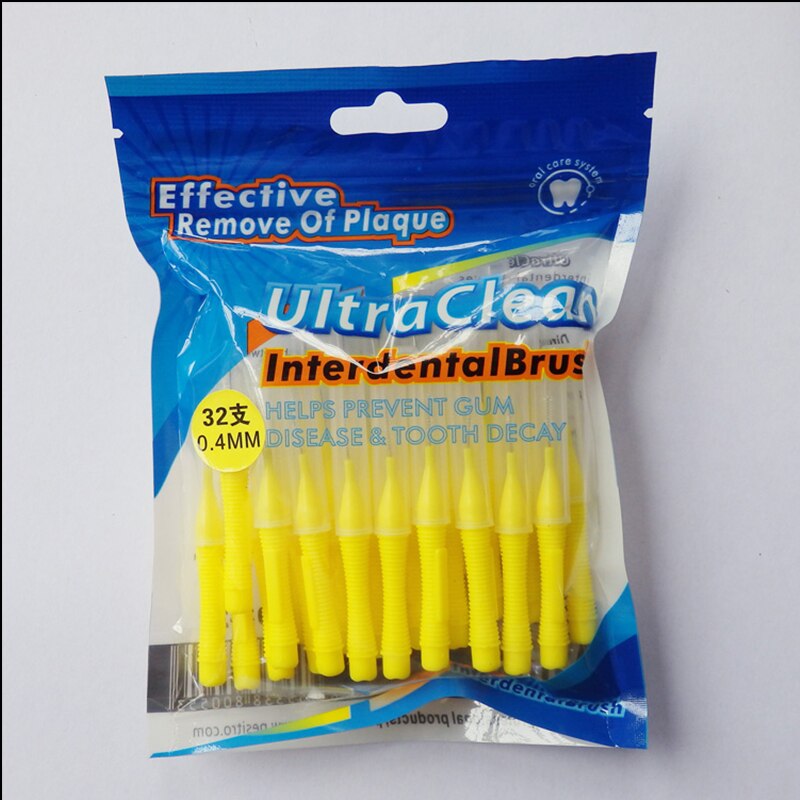 32 stk push-pull interdental børste 0.6mm tandtråd tandtråd ortodontisk stålbørste tandbørste mundpleje tandstikker tandbørste: Gul