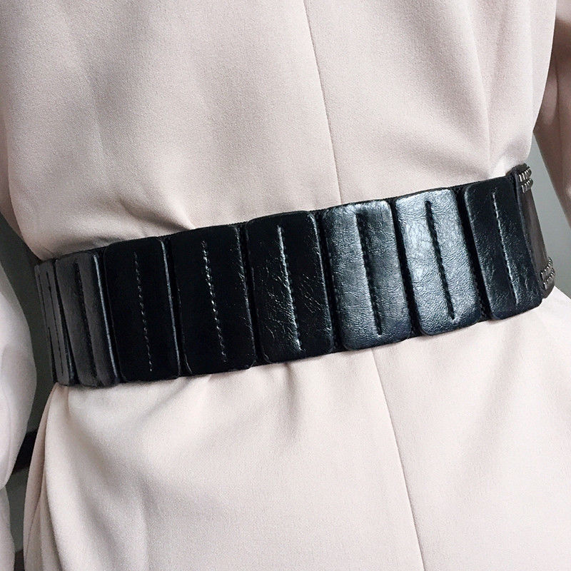 Black Leather Cummerbunds Female Woman Belt Punk Wide Women'S Belts Punk Rivet Stretchy Dress Waistbands Lady For Dress